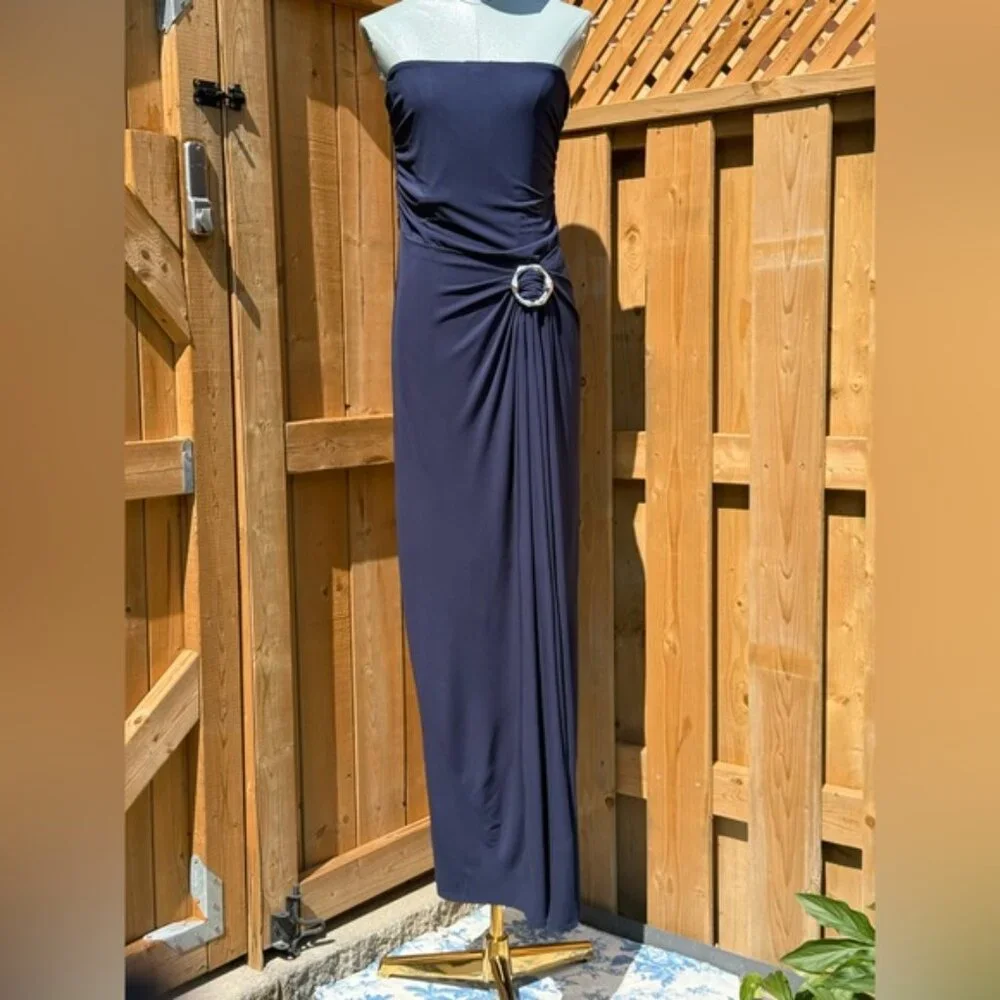 🆕 SIMKHAI 🧿 NWOT Emma Draped Jersey Bustier Midi Dress, Midnight Blue Sz US 12 - Picture 2 of 13